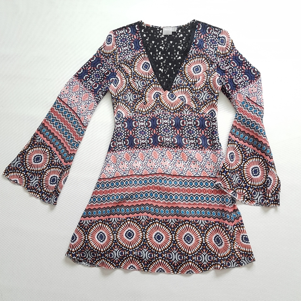 Asos Colorful Bell Sleeve Lace Back Dress Size 6